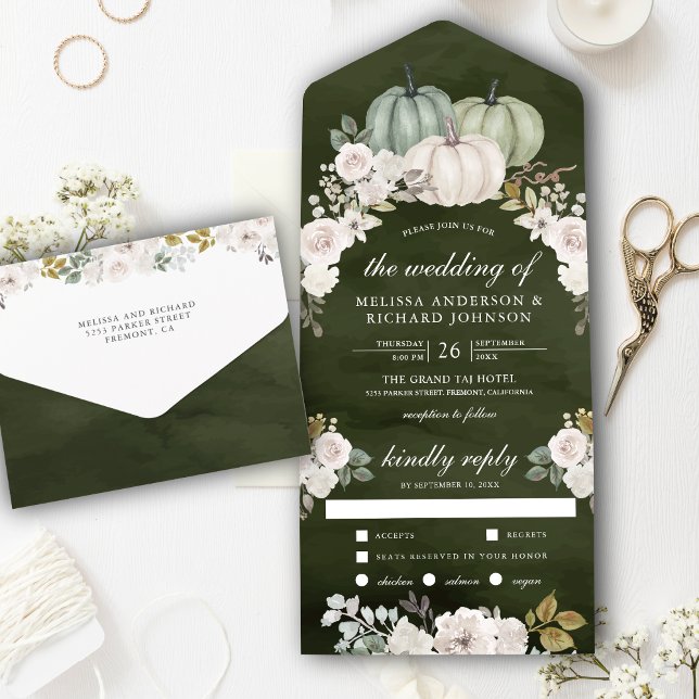Invitación Todo En Uno Calabaza verde sabia oscura y Boda floral blanca (Subido por el creador)