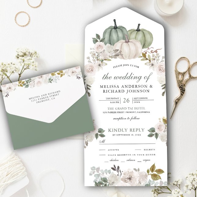 Invitación Todo En Uno Calabaza verde sabia y Boda floral blanca (Subido por el creador)