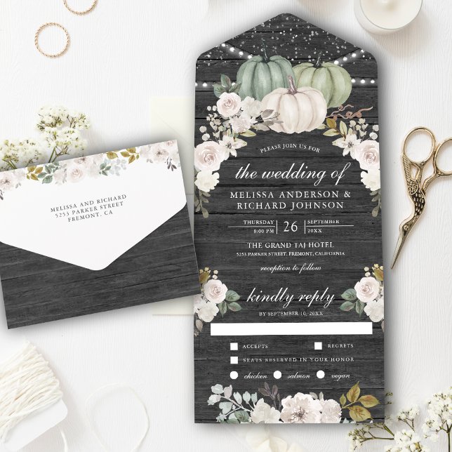 Invitación Todo En Uno Calabaza verde sabrosa y Boda de madera floral bla (Subido por el creador)