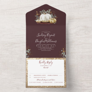 Invitación Todo En Uno Calabazas de oro Eucalyptus Caída Boda Rojo Borgoñ