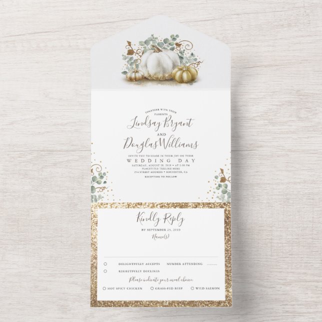Invitación Todo En Uno Calabazas de oro y hojas de eucalipto de otoño (Interior)