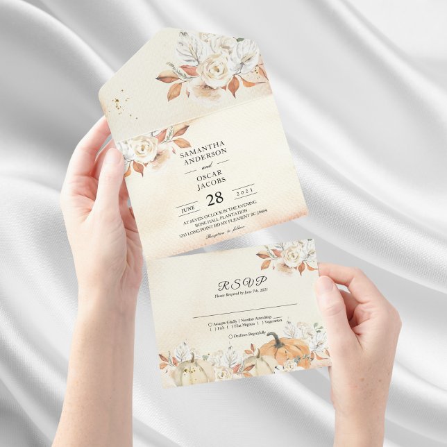 Invitación Todo En Uno Calabazas y flores rusticas otoñales (Subido por el creador)