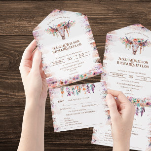Invitación Todo En Uno Calavera de vaca floral de Boho occidental rústico