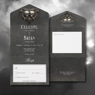 Invitación Todo En Uno Calaveras góticas negras y blancas y corazón sin c