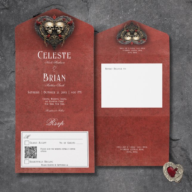 Invitación Todo En Uno Calaveras góticas negras y rojas y código QR rojo  (Gothic Black & Red Skulls & Heart Red All In One Wedding Invitation with QR Code)