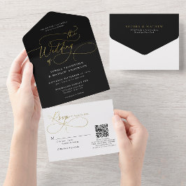 Invitación Todo En Uno Caligrafía Boda de código QR de oro blanco negro
