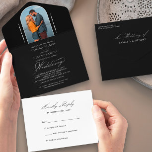 Invitación Todo En Uno Caligrafía elegante Foto negro blanco Boda RSVP