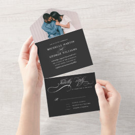 Invitación Todo En Uno caligrafía elegante negra en una sola invitación