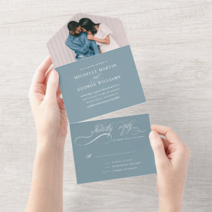 Invitación Todo En Uno caligrafía elegante verde azulada todo en una sola