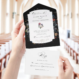 Invitación Todo En Uno Caligrafía floral negra Bella Artes