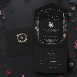 Invitación Todo En Uno Caligrafía floral negra Bella Artes