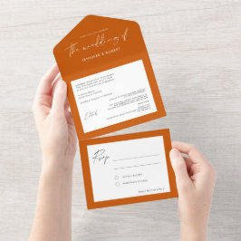 Invitación Todo En Uno Caligrafía moderna Boda de Naranja quemado sólido