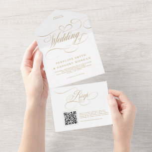 Invitación Todo En Uno Caligrafía moderna boda de oro y blanco intemporal