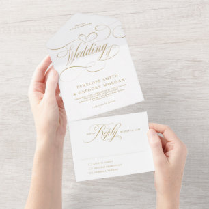 Invitación Todo En Uno Caligrafía moderna boda de oro y blanco intemporal