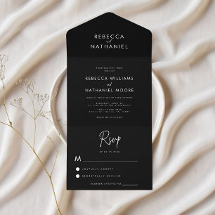 Invitación Todo En Uno Caligrafía moderna Boda Minimalista blanco negro