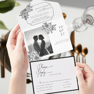 Invitación Todo En Uno Caligrafía moderna con foto en blanco y negro de l