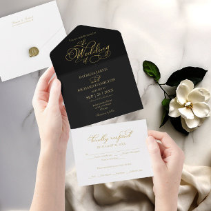Invitación Todo En Uno Caligrafía Moderna para Bodas Negra y Dorada