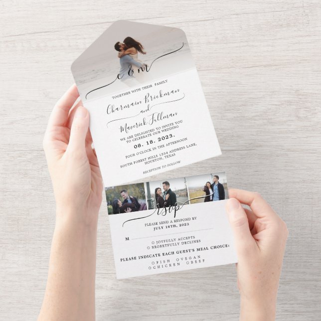 Invitación Todo En Uno Caligrafía moderna y elegante | Boda de Photo RSVP (desgarro)