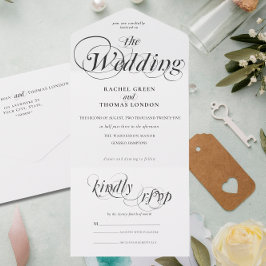 Invitación Todo En Uno Caligrafía romántica Boda blanco negro