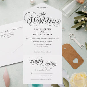 Invitación Todo En Uno Caligrafía romántica Boda blanco negro