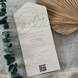 Invitación Todo En Uno Caligrafía romántica de oro | Boda de código QR de