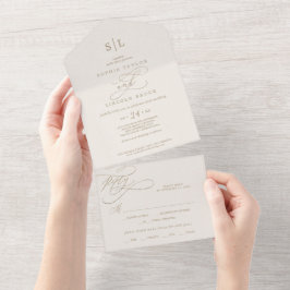 Invitación Todo En Uno Caligrafía romántica de oro | Boda de Monograma de