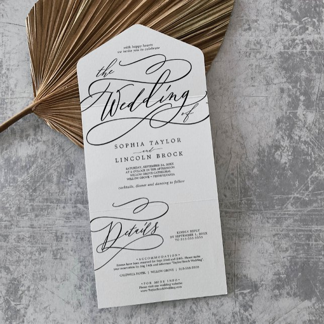 Invitación Todo En Uno Caligrafía romántica detalles elegantes Boda RSVP (Romantic Calligraphy Elegant Details RSVP Wedding All In One Invitation)
