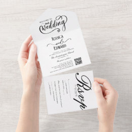 Invitación Todo En Uno Caligrafía simple de código Qr blanco negro elegan