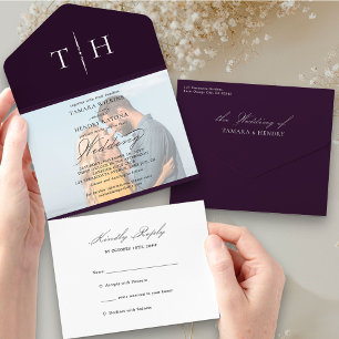Invitación Todo En Uno Caligrafía simple Foto Boda Púrpura RSVP
