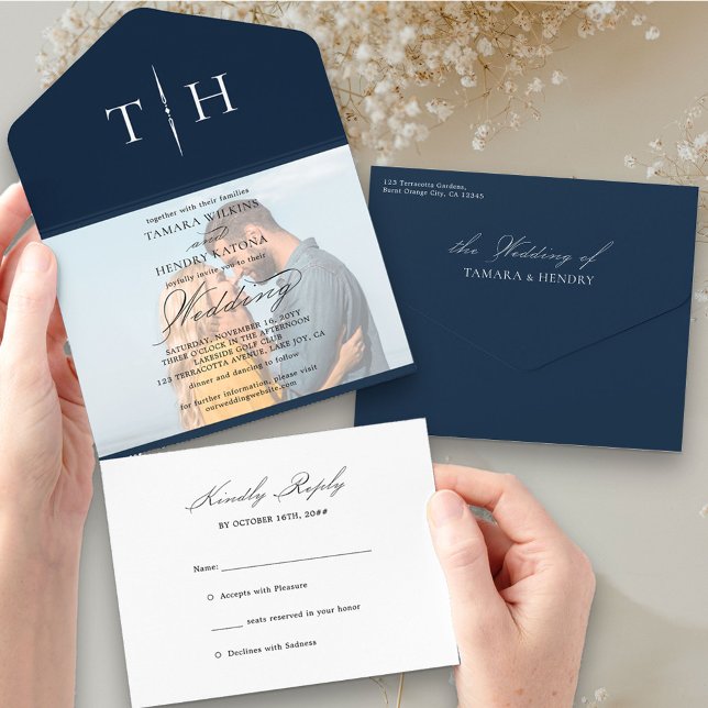 Invitación Todo En Uno Caligrafía simple Foto de la Marina Azul RSVP Boda (Subido por el creador)