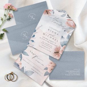 Invitación Todo En Uno Calligrafía Floral Dusty Blue ID771