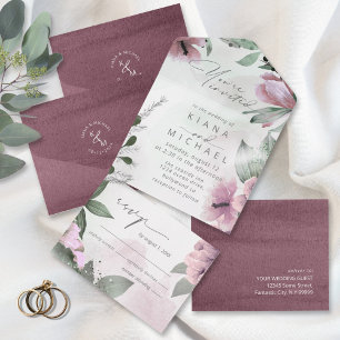 Invitación Todo En Uno Calligrafía Mauve floral ID771