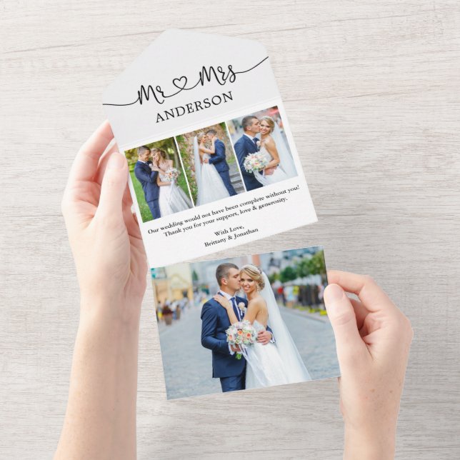 Invitación Todo En Uno Calligraphy Heart Mr Mrs 4 Photo All In One Card (desgarro)