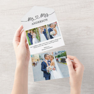 Invitación Todo En Uno Calligraphy Heart Mr Mrs 4 Photo All In One Card