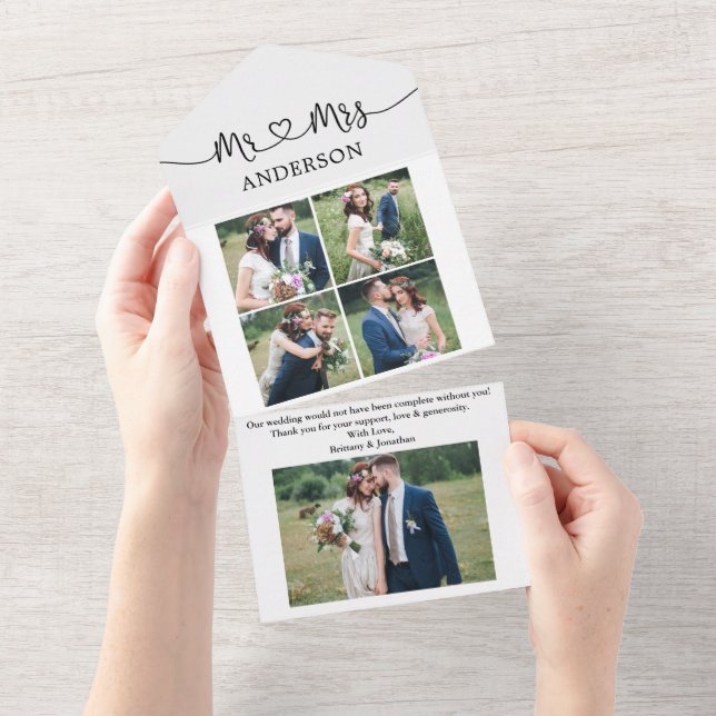 Invitación Todo En Uno Calligraphy Heart Mr Mrs 5 Photo All In One Card (desgarro)
