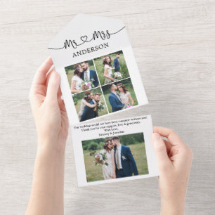 Invitación Todo En Uno Calligraphy Heart Mr Mrs 5 Photo All In One Card