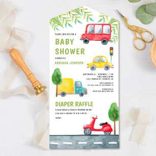 Invitación Todo En Uno Camión Scooter Vehículos Transporte Fiesta de Bebé