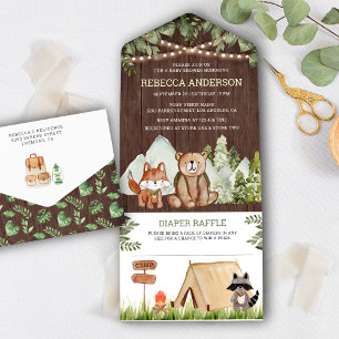 Invitación Todo En Uno Camping Baby Shower de animales de bosque de mader