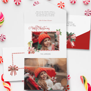 Invitación Todo En Uno Caña de Caramelo Festiva Feliz Navidad Una Foto