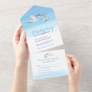 Invitación Todo En Uno Capucha de ducha de bebé entrega color azul