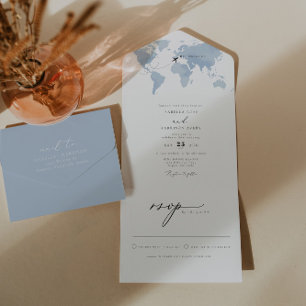 Invitación Todo En Uno CARMEN Dusty Blue Map Viaje Boda de destino