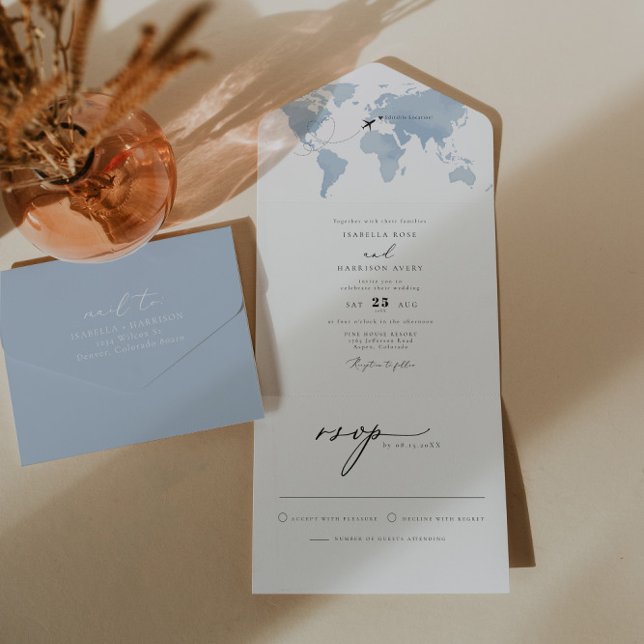 Invitación Todo En Uno CARMEN Dusty Blue Map Viaje Boda de destino (Subido por el creador)
