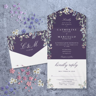 Invitación Todo En Uno Cascada de Verde Floral Púrpura para Boda Todo Inc