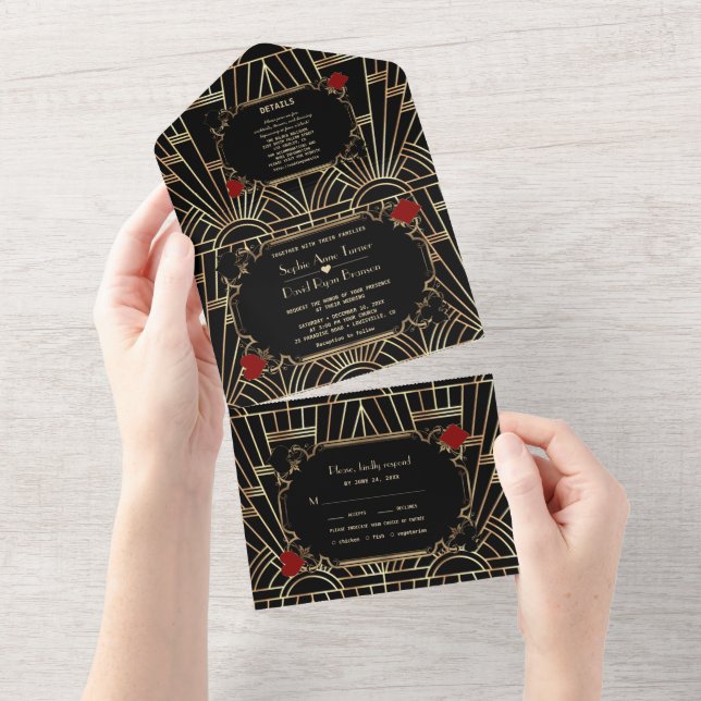 Invitación Todo En Uno Casino Gold Black Gatsby 20s Art Deco Wedding   (desgarro)