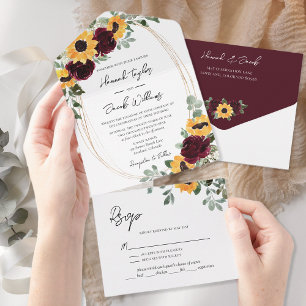 Invitación Todo En Uno Caso de caída de girasol ruso con RSVP