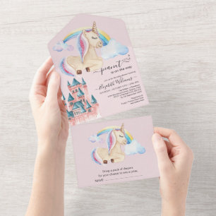 Invitación Todo En Uno Castillo Whimsical Watercolor Unicorn