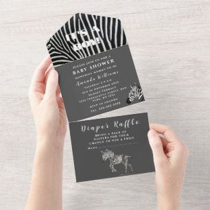 Invitación Todo En Uno Cebra bebé adorable safari selva acuarela negra