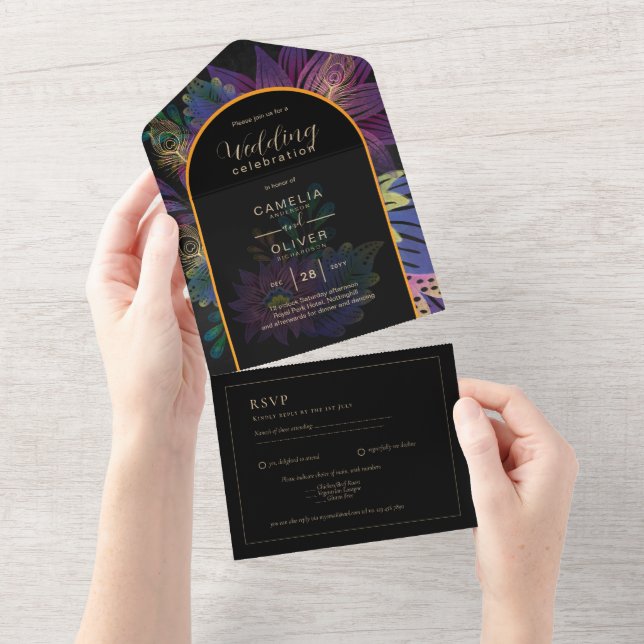Invitación Todo En Uno Celebración del Boda floral de peacock Jewel Tones (desgarro)