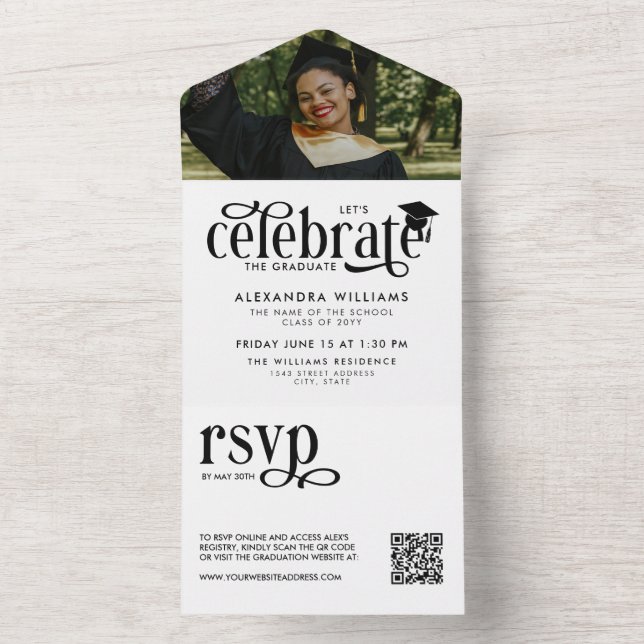 Invitación Todo En Uno Celebrar al Graduado Foto QR RSVP (Interior)