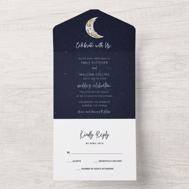 Invitación Todo En Uno Celebrar Boda Luna Celestial (Interior)